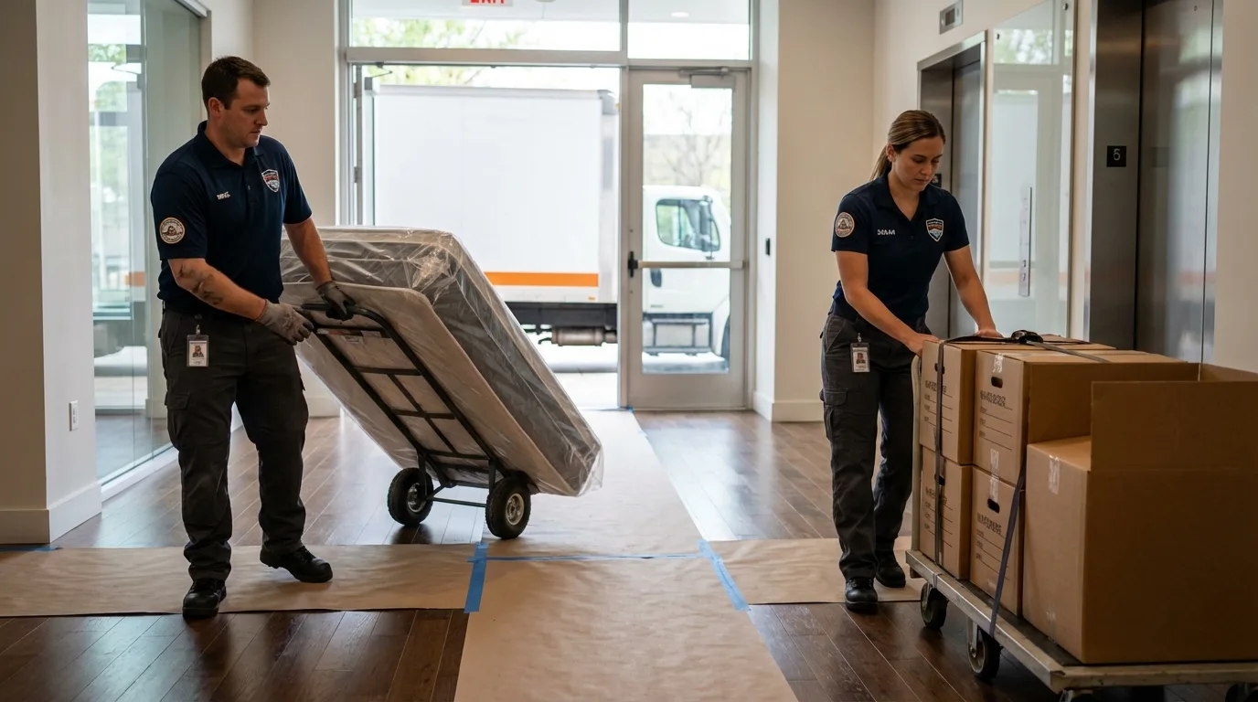 Professional apartment movers loading elevator in Butler, IN